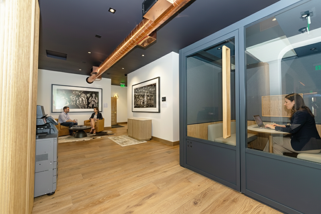 Members working in the open common area with natural light and curated interiors